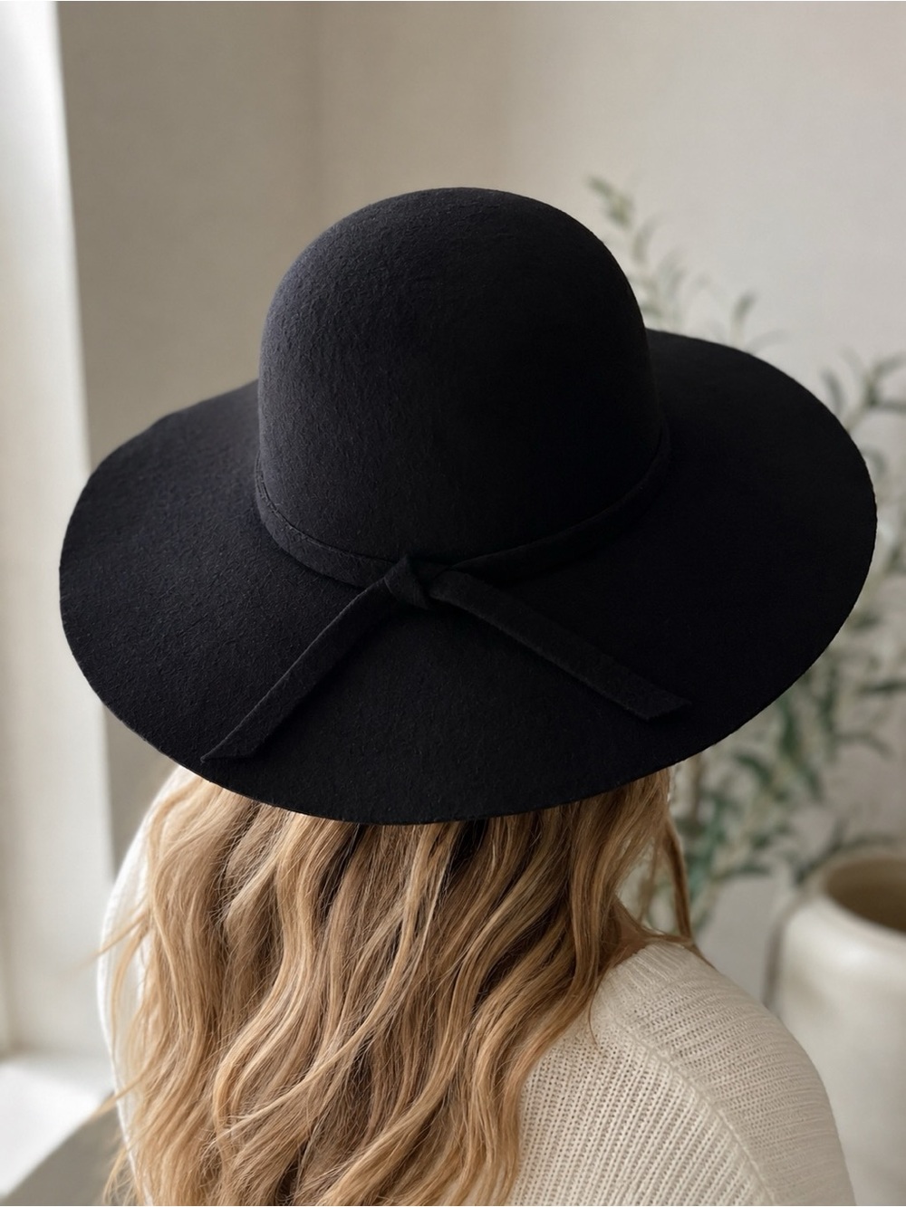 Classic Black Wide-Brim Wool Felt Hat with Bow Tie Detail